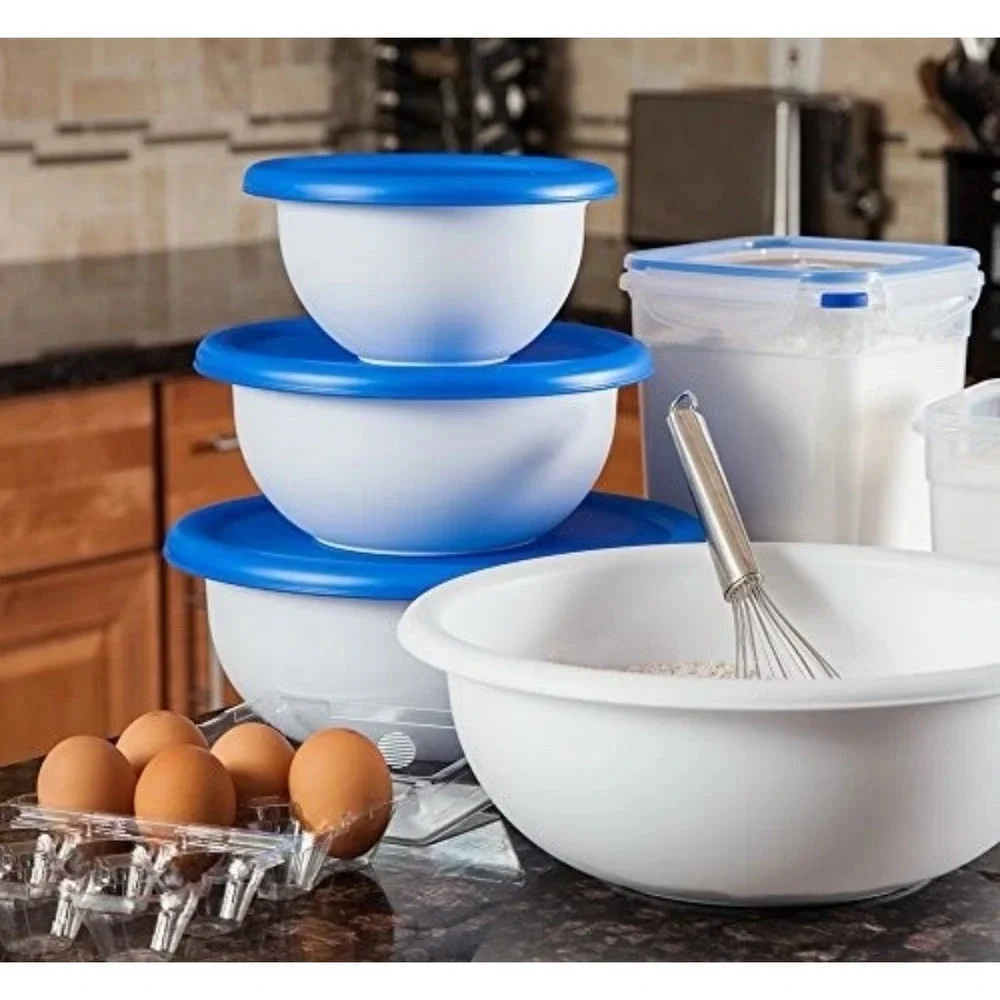 Sterilite 8 Piece Covered Bowl Set Multisize White Blue 4 Bowls Made In USA NEW